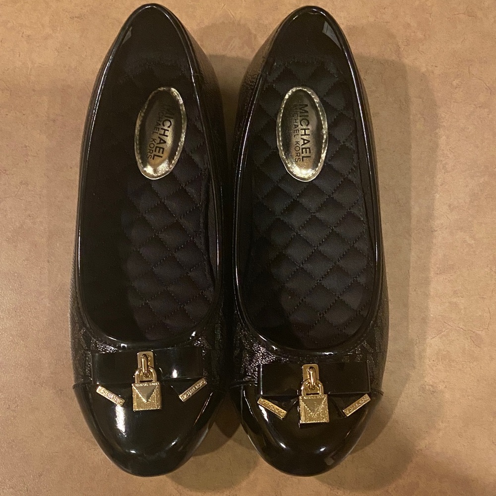 Michael Kors Shiny Black Flats with Gold Accents